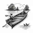 rowing boat with two people and two silhouettes of birds flying tattoo design idea