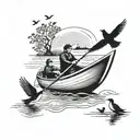 rowing boat with two people and two silhouettes of birds flying tattoo design idea