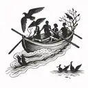 rowing boat with two people and two silhouettes of birds flying tattoo design idea