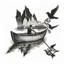 rowing boat with two people and two silhouettes of birds flying tattoo design idea