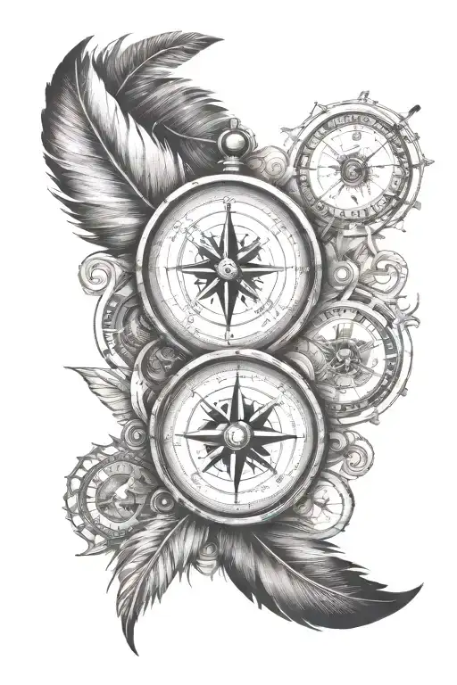 Moral compass tattoo incorporating a silhouette of the Puerto Rico island , feather pen and shading in black and white tattoo design idea
