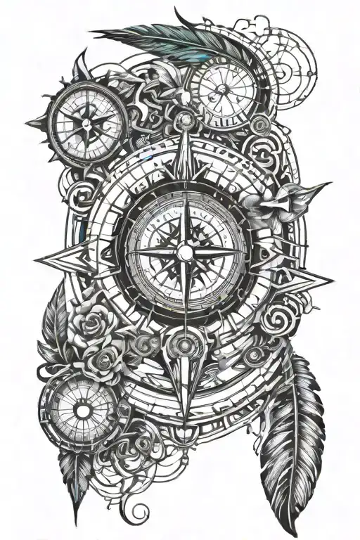 Moral compass tattoo incorporating  the Puerto Rico island , feather pen and shading in black and white tattoo design idea