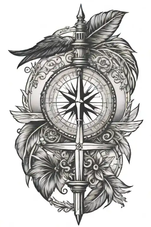 Moral compass tattoo incorporating a silhouette of Puerto Rico, feather pen and shading in black and white tattoo design idea