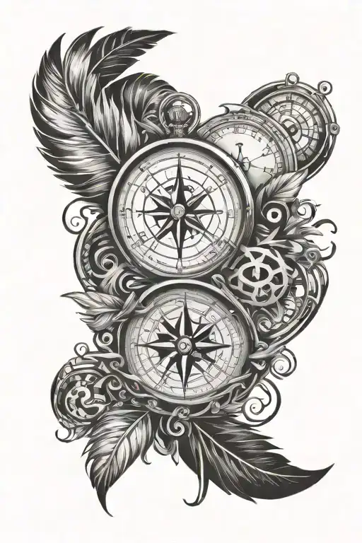 Moral compass tattoo incorporating a silhouette of the Puerto Rico island , feather pen and shading in black and white tattoo design idea