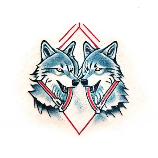 Two wolves playing tug of war with a chain tattoo design idea