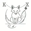 Small minimal fox sitting on a square background, accented by calligraphy brush strokes, with 4 large Aces playing cards tattoo design idea