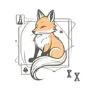 Small minimal fox sitting on a square background, accented by calligraphy brush strokes, with 4 large Aces playing cards tattoo design idea