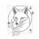 Small minimal fox sitting on a square background, accented by calligraphy brush strokes, with 4 large Aces playing cards tattoo design idea