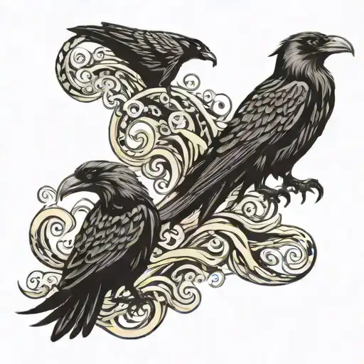 odin ravens Huginn and Muninn drak sea waves tattoo design idea