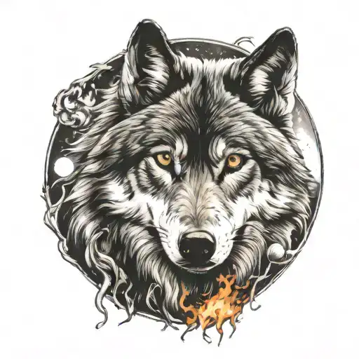 wolf , fire , moon tattoo design idea