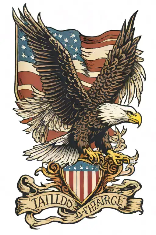 A Bald Eagle with its wings spread grabbing an American Flag with its talons tattoo design idea