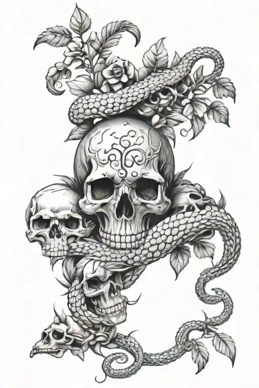 plants and snakes and skulls tattoo design idea