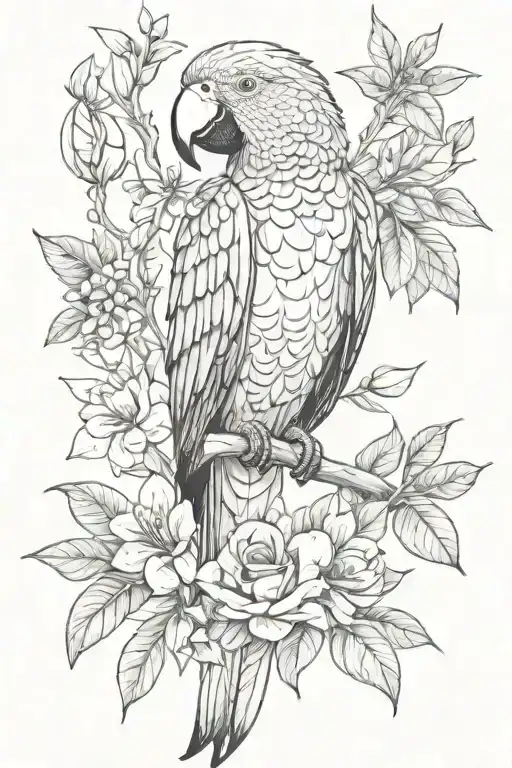 A sketch style tattoo of a parrot surrounded by various outdoor elements like trees and flowers tattoo design idea