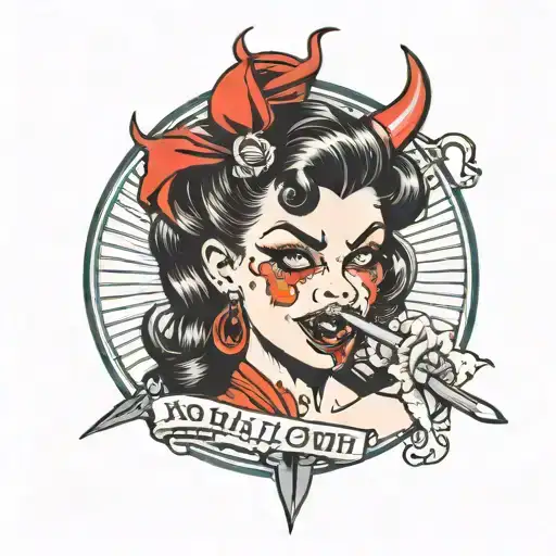 pinup devil girl licking a knife blade with lucky 13 saying  tattoo design idea