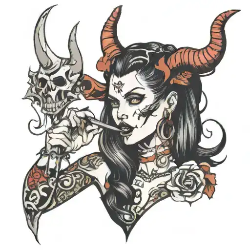 beautiful woman with devil horns, licking a knife   tattoo design idea