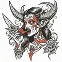 devil woman licking knife blade   tattoo design idea