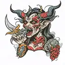 devil woman licking knife blade   tattoo design idea