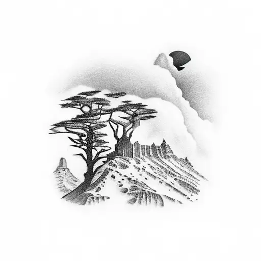 Black mountain with nature tattoo design idea