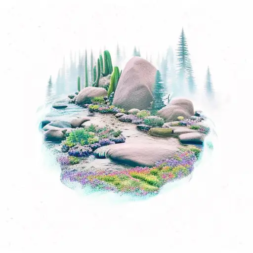 A mesmerizing tattoo of a serene creek cascading down a rocky landscape, with succulents and crystals scattered along its banks. tattoo design idea