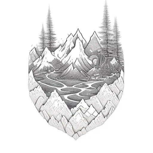An intricate tattoo depicting a majestic mountain range with a hiking trail winding through it, adorned with succulents and crystals. tattoo design idea