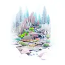 A mystical landscape with a crystal-clear creek flowing through it, surrounded by vibrant succulents. tattoo design idea