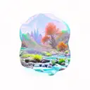 A mystical landscape with a crystal-clear creek flowing through it, surrounded by vibrant succulents. tattoo design idea