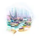 A mystical landscape with a crystal-clear creek flowing through it, surrounded by vibrant succulents. tattoo design idea