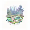 A mystical landscape with a crystal-clear creek flowing through it, surrounded by vibrant succulents. tattoo design idea