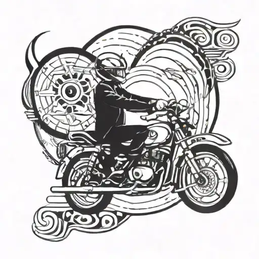 An abstract interpretation of the Cung xữ nữ symbol integrated with a vintage motorcycle, reflecting the client's adventurous spirit and love for the zodiac sign tattoo design idea