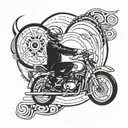 An abstract interpretation of the Cung xữ nữ symbol integrated with a vintage motorcycle, reflecting the client's adventurous spirit and love for the zodiac sign tattoo design idea