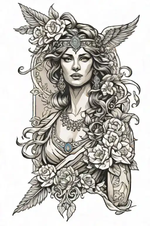 Create a full view straight-up Greek Goddess with hand down tattoo design idea