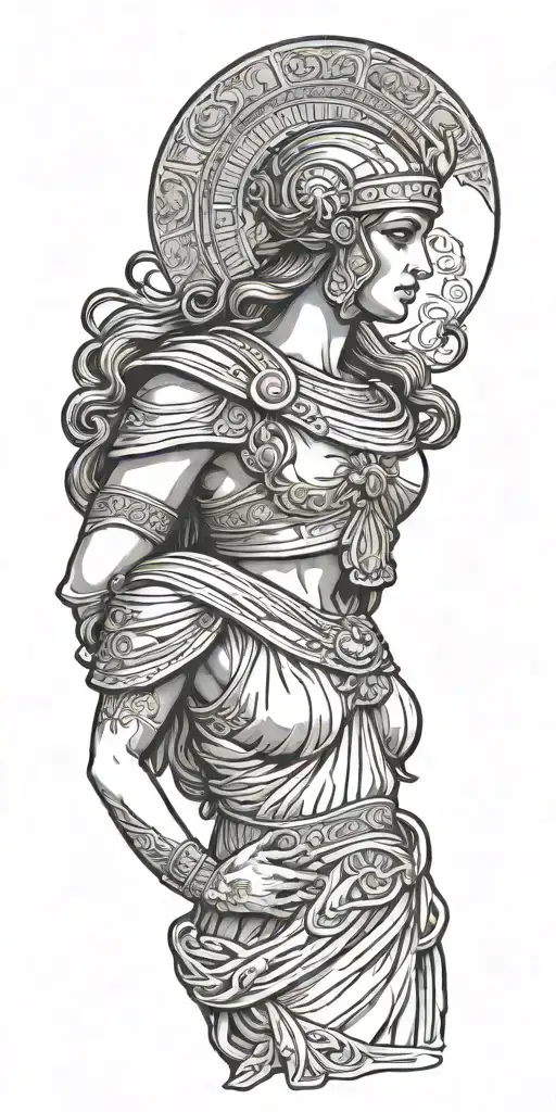 The full front side of Ancient Greek Goddess Athena with dress and hands down without helmet tattoo design idea