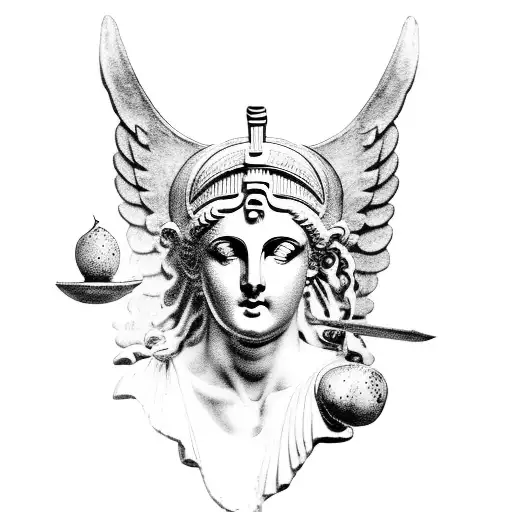 A ancient greek statue of  the Goddess Nike holding a pomegranate on the left hand and a helmet on right and has cut win tattoo design idea