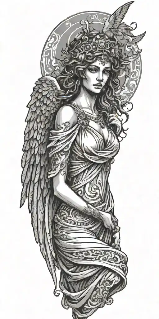 Greek Goddess with destroyed wings and long dress  tattoo design idea