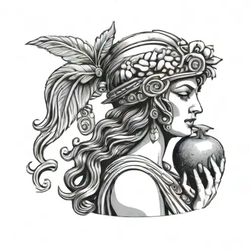 Greek Goddess holding a pomegranate fruit with right hand and a helmet with the right hand tattoo design idea