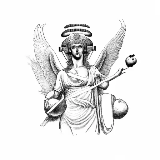 A ancient greek statue of  the Goddess Nike holding a pomegranate on the right hand and a helmet on left and has cut win tattoo design idea