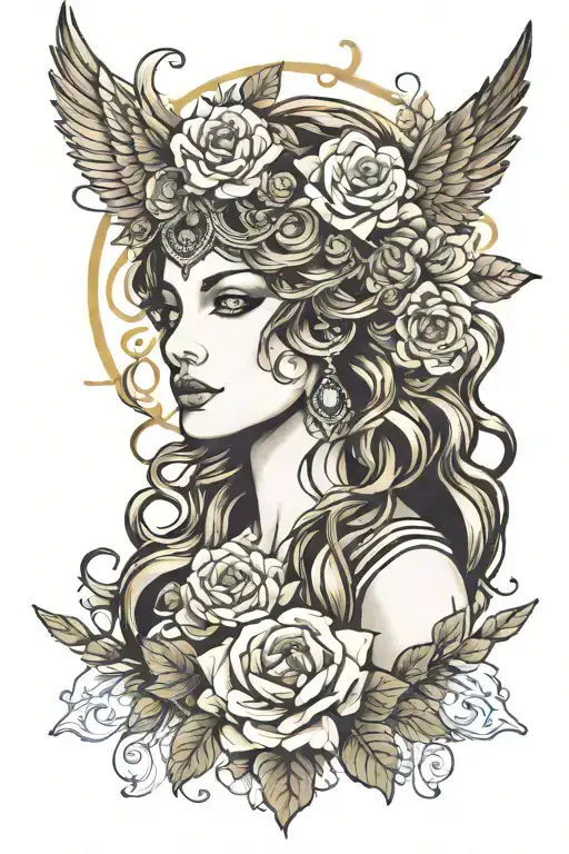 Create a full view straight-up Greek Goddess looking at me. Don't show flower. tattoo design idea