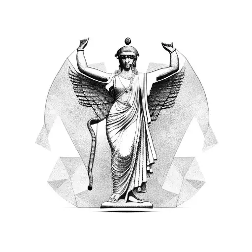 A ancient greek statue of  the Goddess Nike holding a pomegranate on the righ hand and a helmet on left  and cut wings tattoo design idea