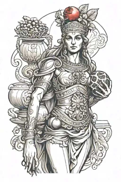Full-body Greek Goddess looking at me, holding a pomegranate with her left hand, and a helmet with her right hand. tattoo design idea