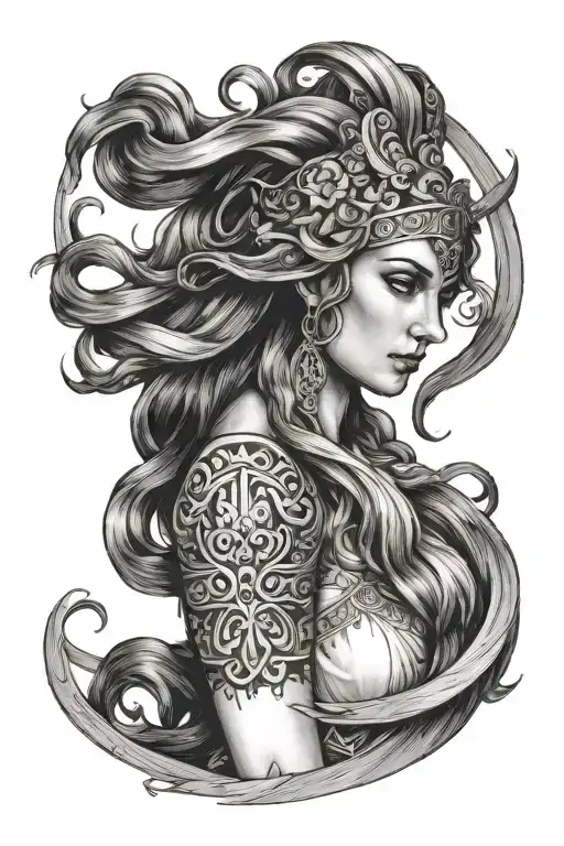 Greek Goddess with long hair looking at me, full view tattoo design idea