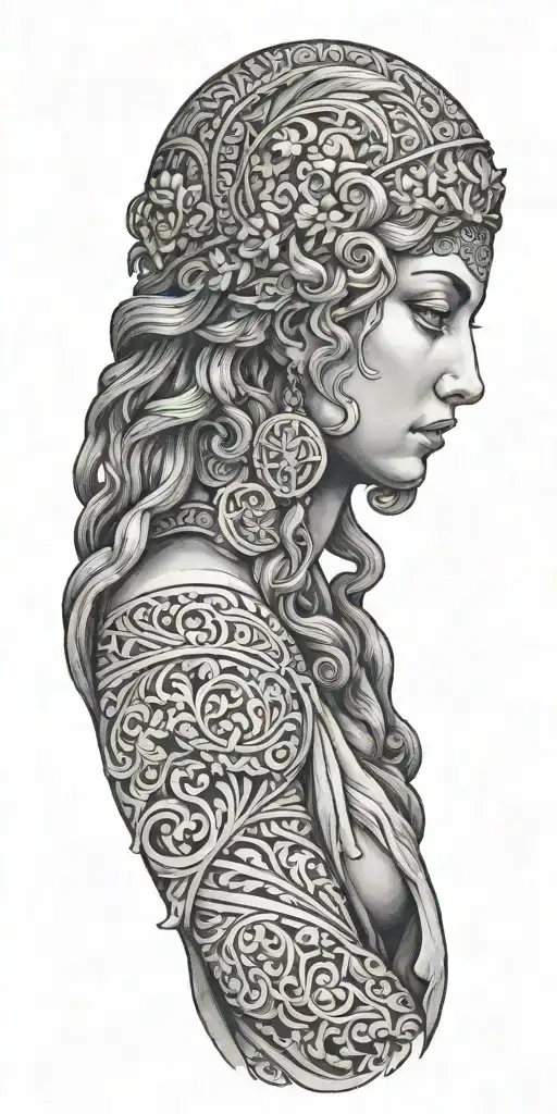 full-front side of Greek Goddess with hands down tattoo design idea