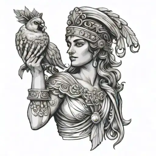 Greek Goddess Athena without helmet, holding her helmet on one hand and a pomegranate on the other tattoo design idea