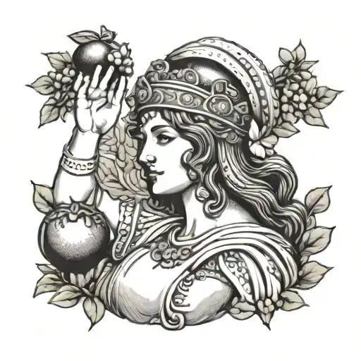 Greek Goddess holding a pomegranate fruit with right hand and a helmet with the right hand tattoo design idea