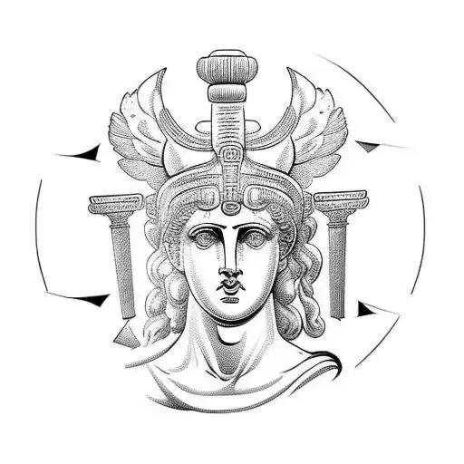 A ancient greek statue of  the Goddess Nike holding a pomegranate on the left hand and a helmet on right and has cut win tattoo design idea