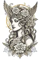 Create a full view straight-up Greek Goddess looking at me. Don't show flower. tattoo design idea