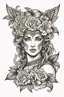 Create a full view straight-up Greek Goddess looking at me. Don't show flower. tattoo design idea