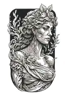 The full front side of a Ancient Greek Goddess with dress and hands down  tattoo design idea