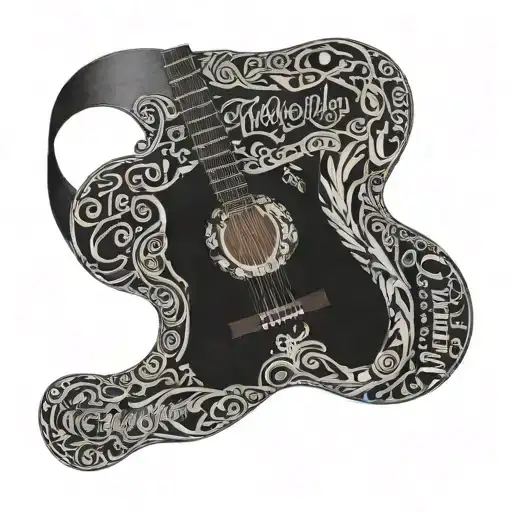 Acoustic guitar wrapped in ribbon with Scott Bates inscribed in one section of the ribbon and 4/22/64 - 10/02/21 inscrib tattoo design idea