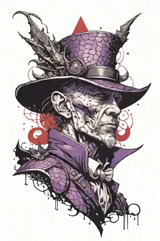 a purple old school mage with a some dragon scales behind him. tattoo design idea