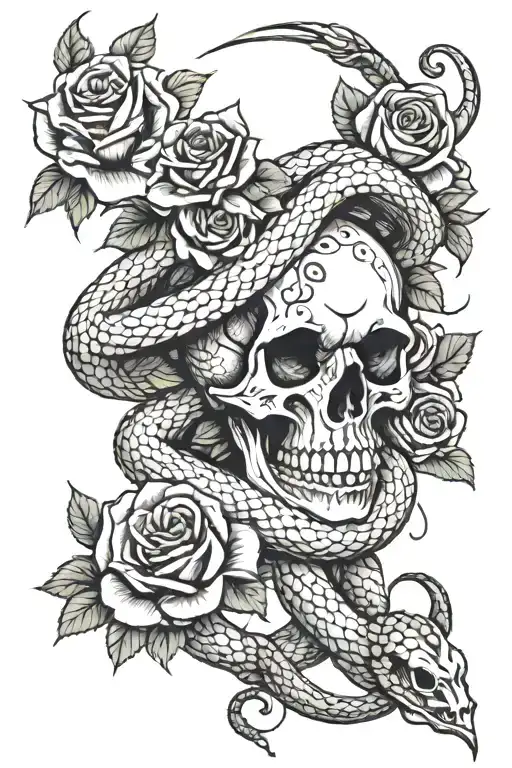 snake and roses and skull   tattoo design idea